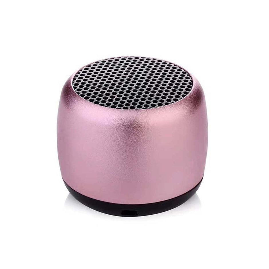 The HeadphoneHeat.Com Portable Mini Bluetooth Speaker features a compact, rounded design in metallic pink with a black mesh grille on top, delivering high-quality sound, shown against a white background.