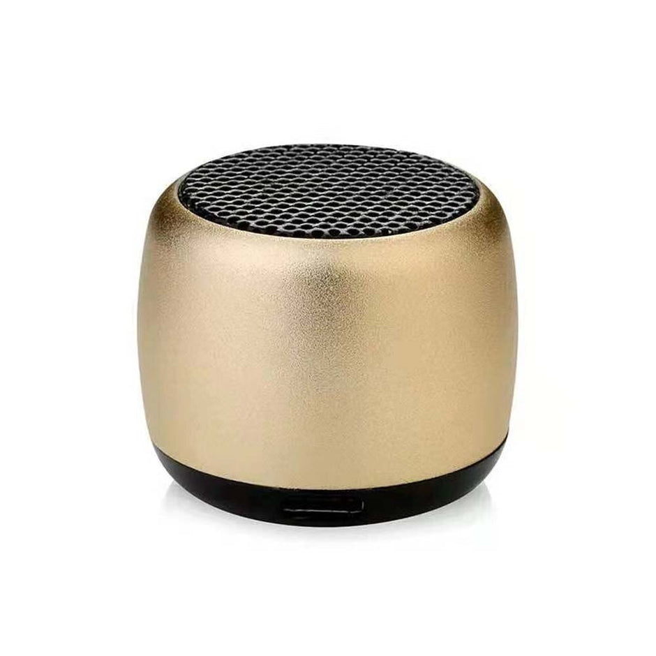 The HeadphoneHeat.Com Portable Mini Bluetooth Speaker features a compact, gold design with a black speaker grill and base, delivering high-quality sound against a sleek, white background.