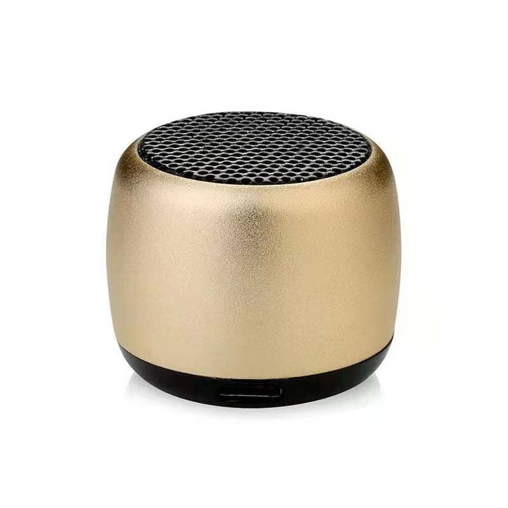 The HeadphoneHeat.Com Portable Mini Bluetooth Speaker features a compact, gold design with a black speaker grill and base, delivering high-quality sound against a sleek, white background.