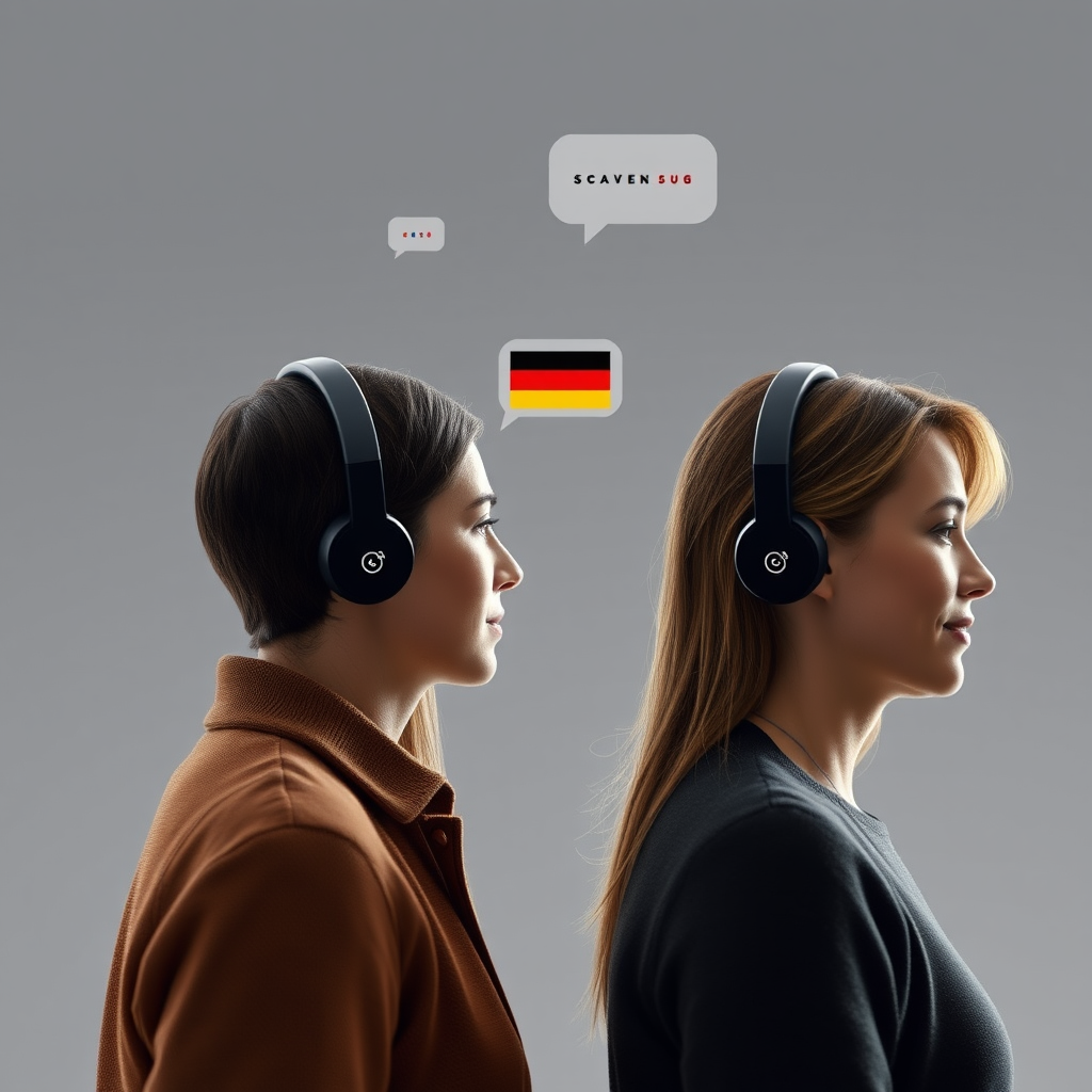Two women stand side by side wearing headphones, facing right. Speech bubbles with the German flag and the phrase "SCAVENGUG" appear above them, suggesting language learning or communication. The background is gray.