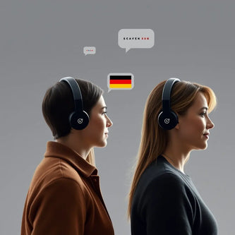 Two women stand side by side wearing headphones, facing right. Speech bubbles with the German flag and the phrase "SCAVENGUG" appear above them, suggesting language learning or communication. The background is gray.