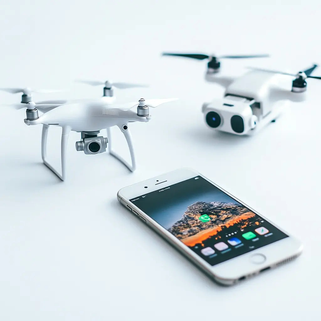 A close-up view of two white drones and a smartphone on a white surface. The smartphone's screen displays various app icons against a mountain landscape background. The drones have cameras attached to them.