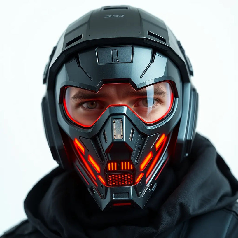 A person wearing a futuristic black helmet with glowing red accents and a detailed visor, dressed in a dark hoodie, looks straight ahead against a plain background.