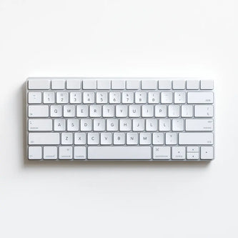 A minimalist white wireless keyboard on a clean, white background. The keys are arranged in a standard QWERTY layout, with a compact design lacking a numeric keypad.