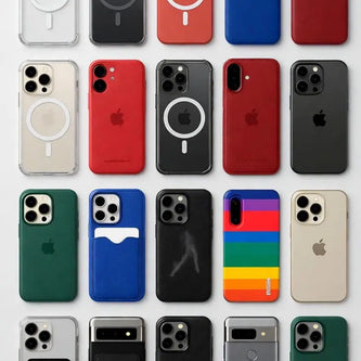A grid of 18 iPhones in different colored cases, including clear, red, blue, green, black, gold, and a rainbow-striped case, displayed on a light surface.