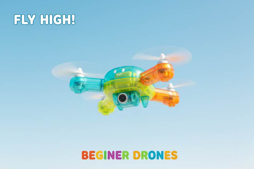 A colorful toy drone with a smiling face flies in a clear blue sky. Text reads "FLY HIGH!" at the top and "BEGINER DRONES" in rainbow letters at the bottom.
