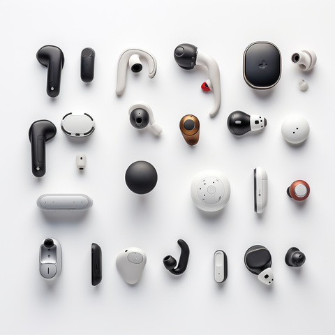 A collection of various single wireless earbuds and hearing aids displayed against a plain white background, showcasing different designs, colors, and styles.
