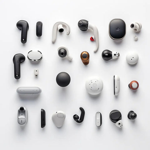 A collection of various single wireless earbuds and hearing aids displayed against a plain white background, showcasing different designs, colors, and styles.