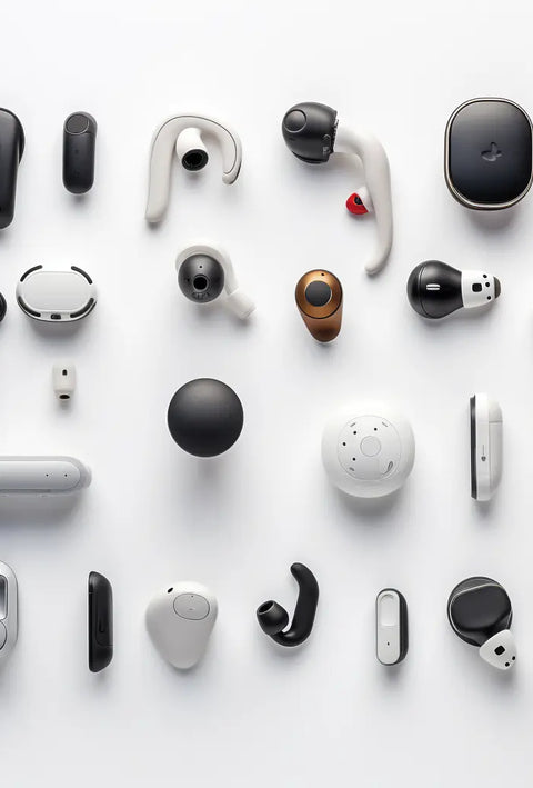 A collection of various single wireless earbuds and hearing aids displayed against a plain white background, showcasing different designs, colors, and styles.