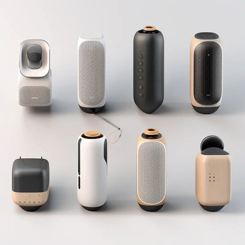 Eight modern, stylish smart speakers with wood and metal accents are displayed upright on a neutral background, each showing different shapes, buttons, and designs.