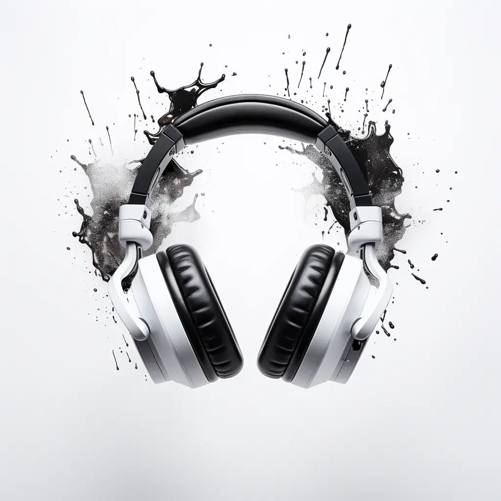 A pair of modern black and white over-ear headphones is positioned in front of an abstract black ink splatter on a white background. The ink splatter provides a bold, artistic contrast to the sleek design of the headphones.