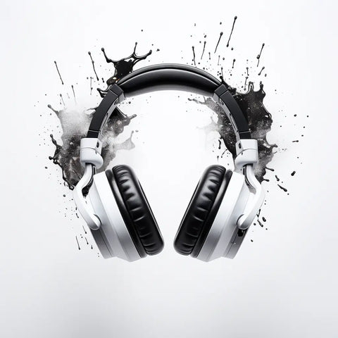 A pair of modern black and white over-ear headphones is positioned in front of an abstract black ink splatter on a white background. The ink splatter provides a bold, artistic contrast to the sleek design of the headphones.