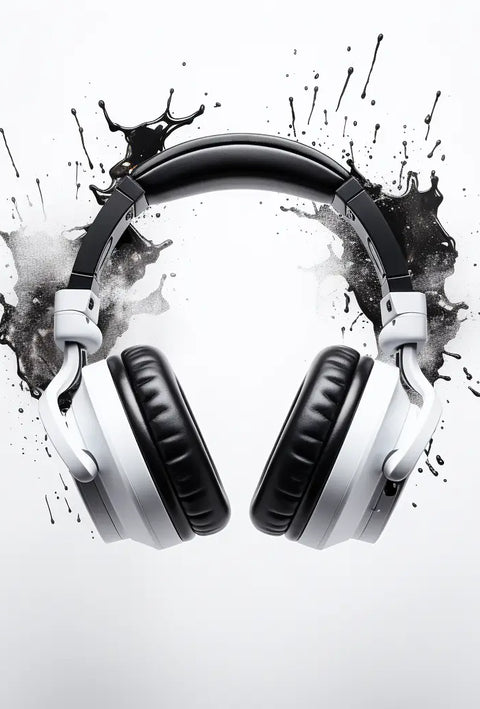 A pair of modern black and white over-ear headphones is positioned in front of an abstract black ink splatter on a white background. The ink splatter provides a bold, artistic contrast to the sleek design of the headphones.