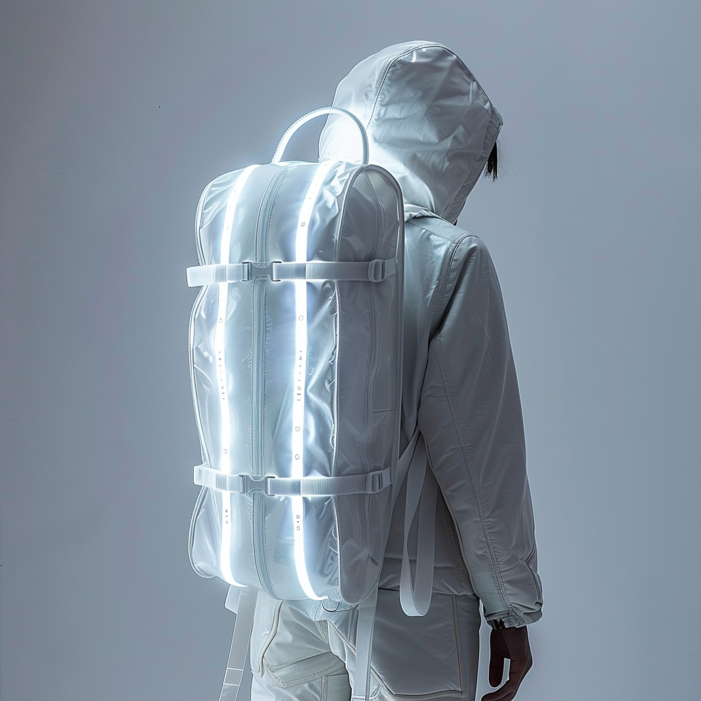 A person wearing a white hooded jacket and pants stands with their back to the camera. They are carrying a white, futuristic backpack with glowing vertical white lights. The background is plain and minimalistic.