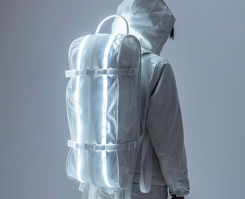 A person wearing a white hooded jacket and pants stands with their back to the camera. They are carrying a white, futuristic backpack with glowing vertical white lights. The background is plain and minimalistic.