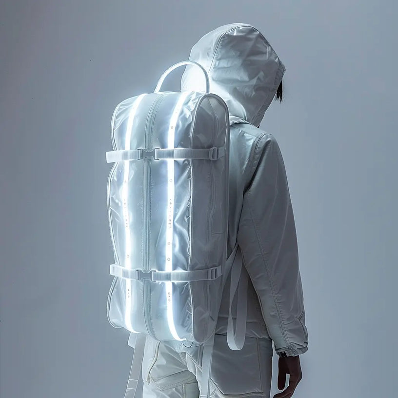 A person wearing a white hooded jacket and pants stands with their back to the camera. They are carrying a white, futuristic backpack with glowing vertical white lights. The background is plain and minimalistic.