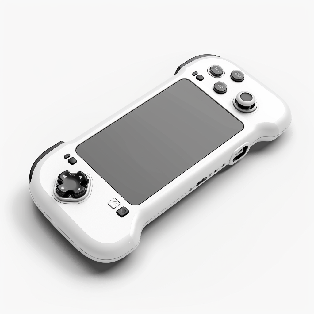 A white handheld gaming console with a large central screen, two analog sticks, a directional pad, and multiple buttons. The device has a sleek, modern design and is set against a plain white background.