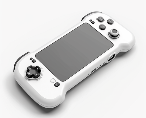 A white handheld gaming console with a large central screen, two analog sticks, a directional pad, and multiple buttons. The device has a sleek, modern design and is set against a plain white background.