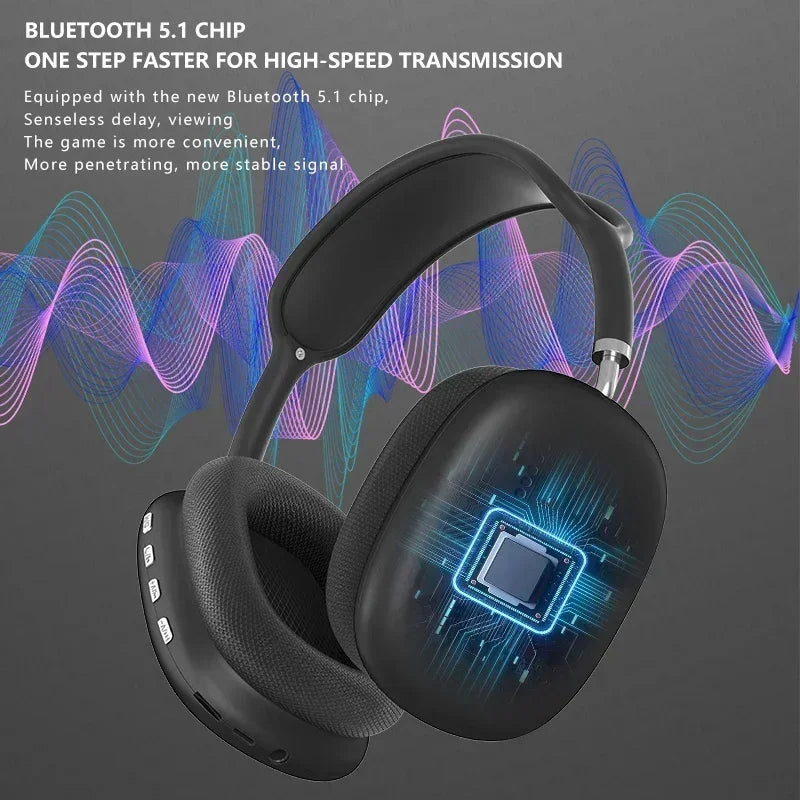 Dropshipman P9 Wireless Bluetooth Headphones in black feature a digital chip graphic, Bluetooth 5.1 for fast and stable connections, plus a built-in mic for clear calls—displayed against vibrant sound waves.