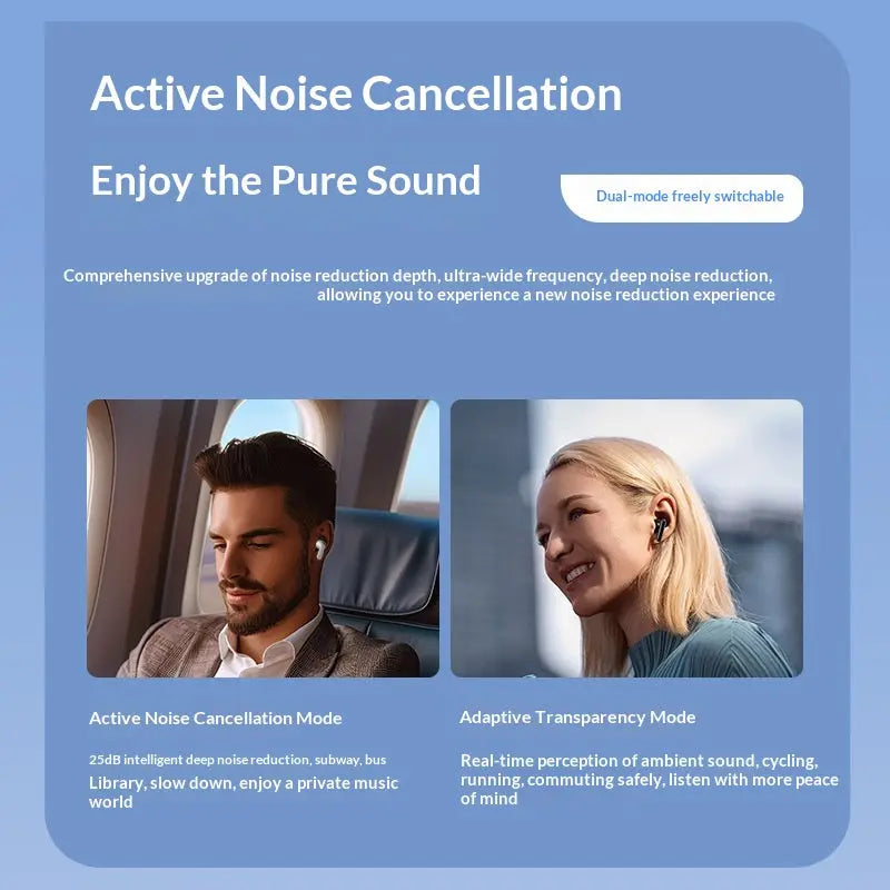 Promotional graphic for Dropshipman Wireless Bluetooth Headphones With Ultra-Long Standby, featuring a man in a suit on a plane and a woman outdoors, highlighting Active Noise Cancellation and Adaptive Transparency modes.