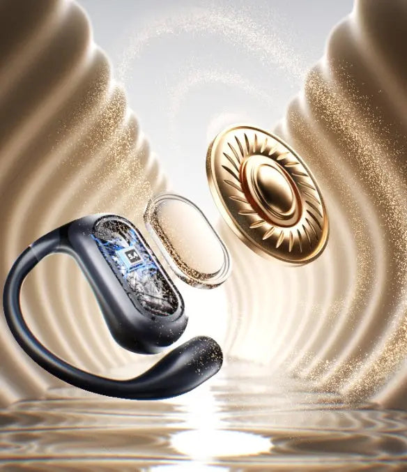 The Dropshipman YYK-Q17 Earbuds Design Noise-canceling, a sleek black wearable with voice control and a gold accent, floats in a shimmering wavy scene amid sparkling particles and radiant light.