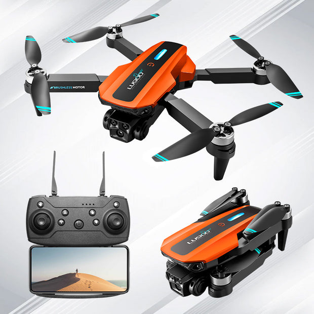 The Dropshipman LU900Dron Drone, a bright orange foldable quadcopter mini drone with black propellers, is shown flying and folded. Below, its black remote controller holds a smartphone displaying a person on a sandy dune.