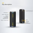 Two HeadphoneHeat DSP wireless Bluetooth speakers are shown, black with orange accents. Both dust-proof and waterproof, they offer long battery life. The left one includes LED indicator, volume control, multikey, and mode switch features; the right displays ports for a lanyard, AUX, TF card & charging.