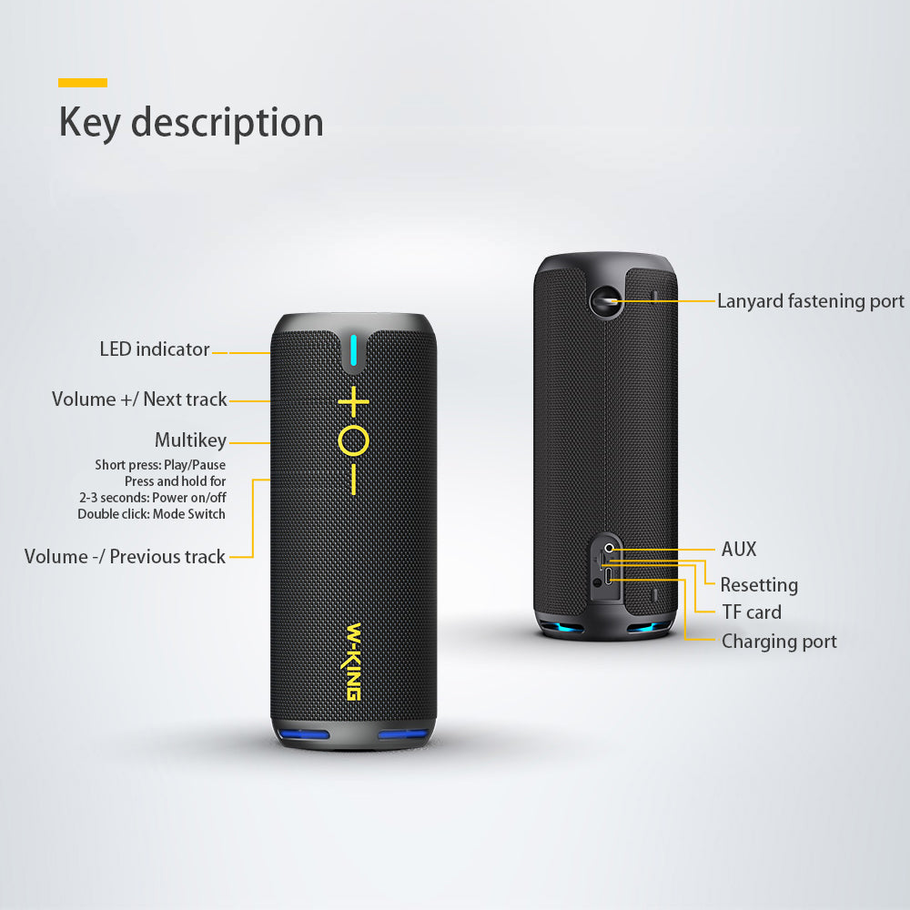 Two HeadphoneHeat DSP wireless Bluetooth speakers are shown, black with orange accents. Both dust-proof and waterproof, they offer long battery life. The left one includes LED indicator, volume control, multikey, and mode switch features; the right displays ports for a lanyard, AUX, TF card & charging.