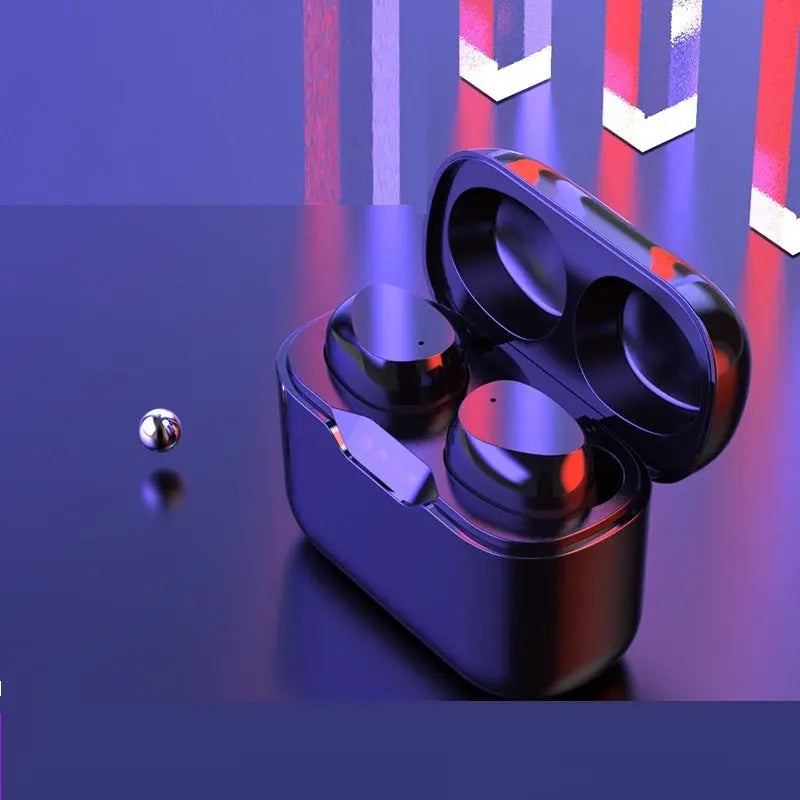 FLIPSTYLEZLLC’s Subwoofer Class 7 Waterproof True Wireless Earbuds In-Ear TWS Bluetooth Headphones rest in an open charging case on a reflective blue and purple surface, with a metallic sphere and abstract multicolored columns nearby.