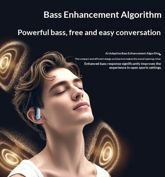 A young person with closed eyes wears Dropshipman YYK-Q17 Design Noise-canceling Earbuds. Golden sound waves swirl around them. Text: 