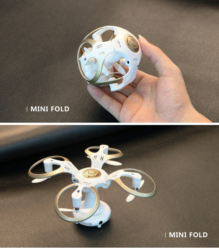 Top: A hand holds a compact, spherical High-definition Aerial Photography of Drones by Dropshipman. Bottom: The same drone is unfolded, showing its four arms and propellers extended, ready for flight.