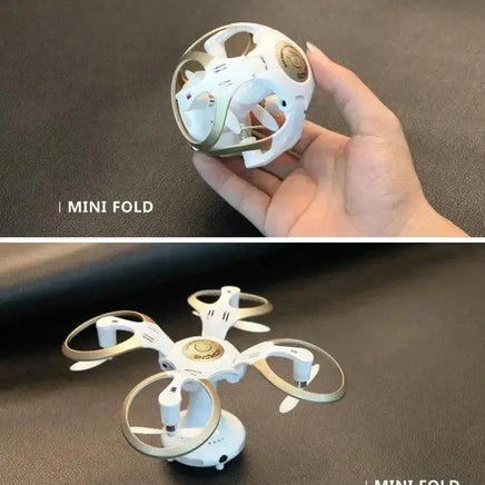Top: A hand holds a compact, spherical High-definition Aerial Photography of Drones by Dropshipman. Bottom: The same drone is unfolded, showing its four arms and propellers extended, ready for flight.