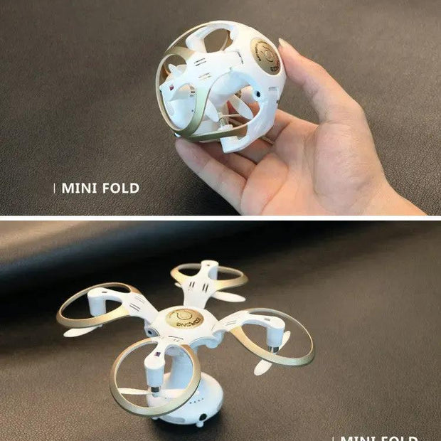 Top: A hand holds a compact, spherical High-definition Aerial Photography of Drones by Dropshipman. Bottom: The same drone is unfolded, showing its four arms and propellers extended, ready for flight.