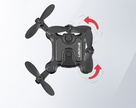 A black Dropshipman Mini folding drone is shown from above, with red arrows indicating the front right propeller’s rotation—perfect for UAV aerial photography enthusiasts.