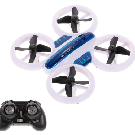 The Dropshipman RC Quadcopter Drone S123, in black and blue with four white propeller guards, is displayed above a black handheld remote controller featuring dual joysticks and buttons.