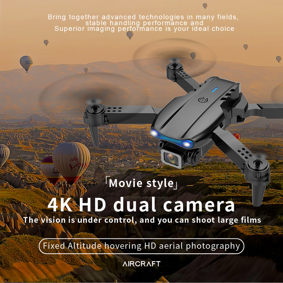 The Dropshipman K3pro Drone E99 Folding, a portable quadcopter with dual cameras, flies over scenic hot air balloons and rocky terrain. Promo highlights its 4K HD camera, stability, and aerial photography excellence.
