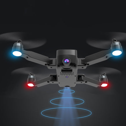 The Dropshipman Brushless GPS Remote Control Drone Aerial Photography 4K HD, in black, features a camera, blue and red LED arm lights, and emits a blue beam downward as it soars against a dark background.