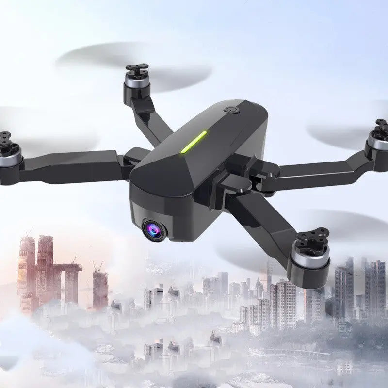 The Dropshipman Brushless GPS Remote Control Drone Aerial Photography 4K HD soars above a cloudy cityscape, capturing tall modern buildings from above against a blue sky.