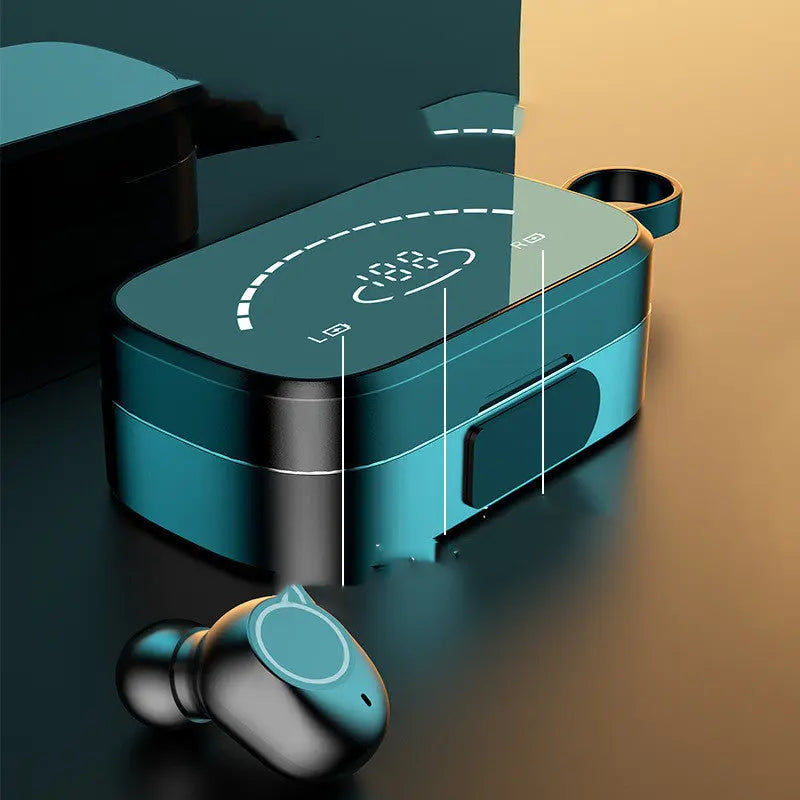 A pair of FLIPSTYLEZLLC Wireless Bluetooth Earphones for Samsung Galaxy, Huawei, and Xiaomi rests beside an open charging case with a digital battery display, in teal and black tones on a gold and teal background.