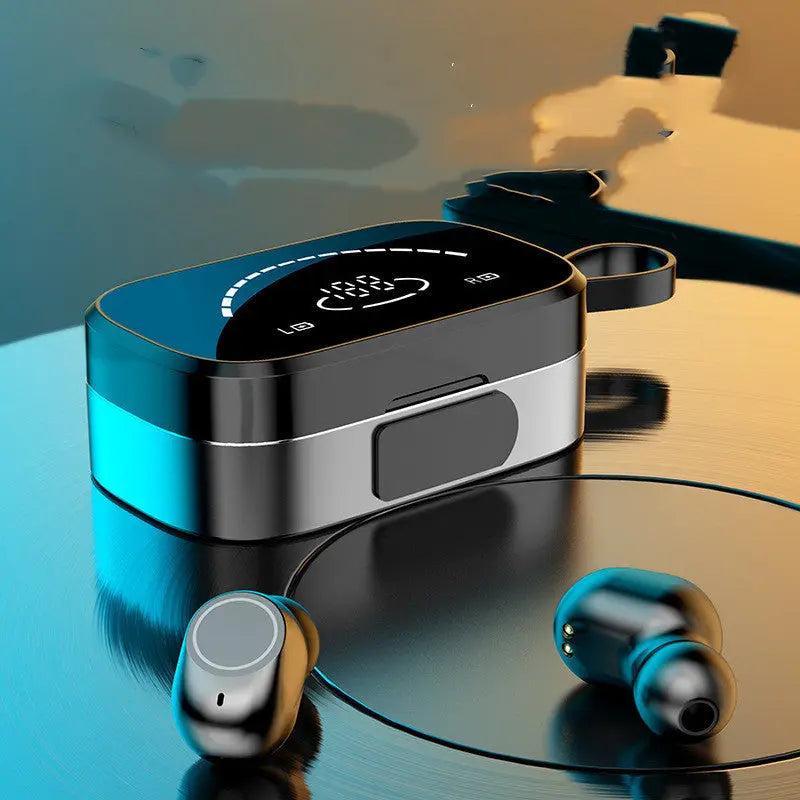 A close-up of the FLIPSTYLEZLLC Wireless Bluetooth Earphones for Samsung, Huawei, and Xiaomi shows the black and silver TWS charging case with digital display and matching earbuds on a reflective surface, set against blurred abstract lighting.