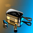 A pair of FLIPSTYLEZLLC Wireless Bluetooth Earphones for Samsung, Huawei, and Xiaomi (TWS Mic Stereo Bass) sit beside their sleek metallic charging case with LED battery display, Bluetooth 5.0 tech, and a looped strap.