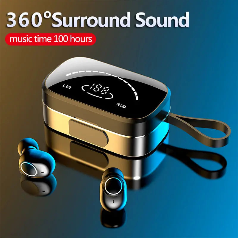 A pair of FLIPSTYLEZLLC Wireless Bluetooth Earphones for Samsung Galaxy and Huawei, with Bluetooth 5.0, stereo bass, noise reduction, and a digital charging case sit on a reflective surface. Text: 