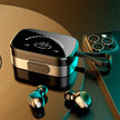 A pair of FLIPSTYLEZLLC Wireless Bluetooth Earphones for Samsung Galaxy Note 20/S10/S20 and Huawei/Xiaomi, featuring TWS, stereo bass, noise reduction, and a glossy charging case with digital display, sits by a triple-camera smartphone.