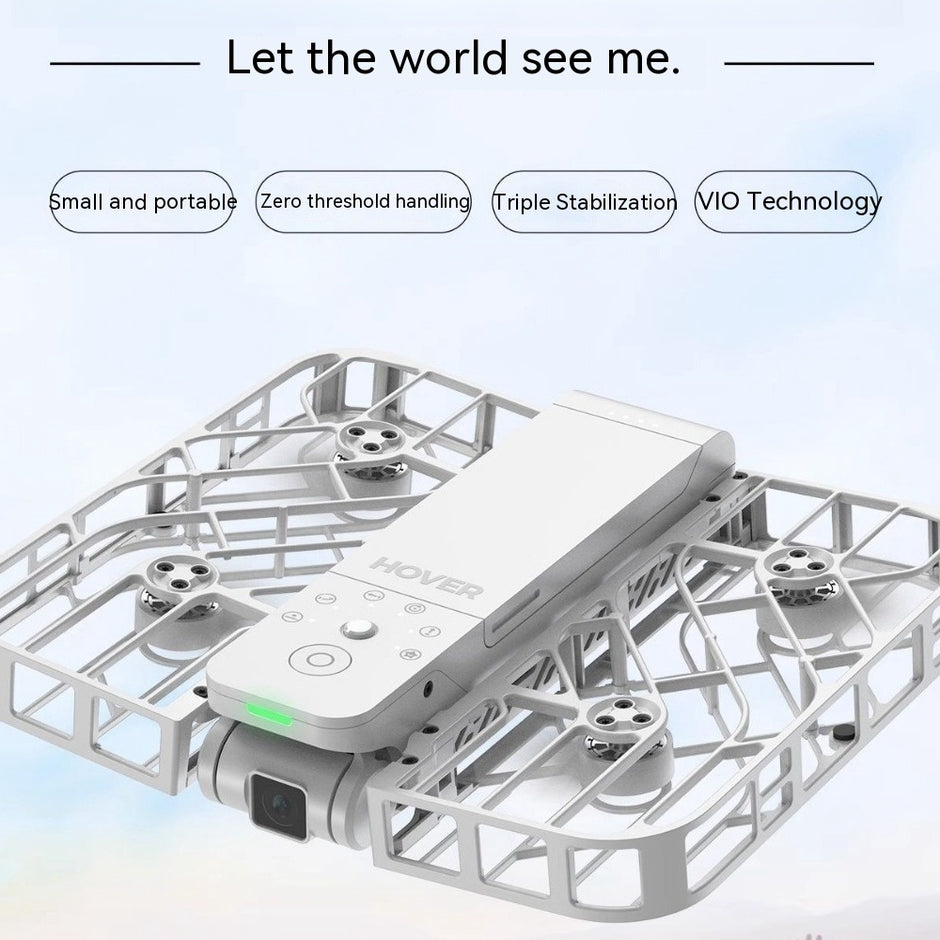The Dropshipman Hafu Flight Camera Following Drone features a compact rectangular design with protective propeller grilles. Enjoy portability, triple stabilization, easy handling, VIO, and follow-me tech for seamless aerial photography.