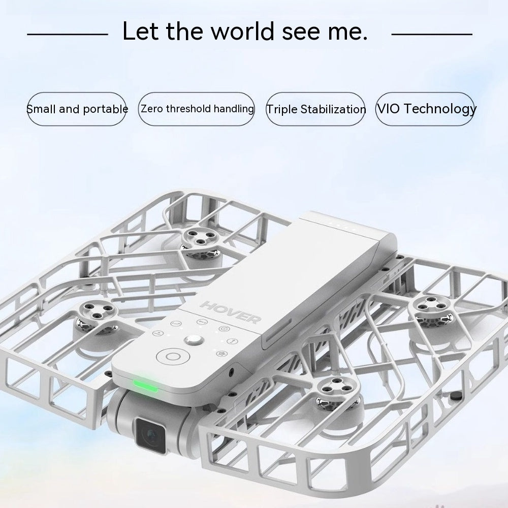 The Dropshipman Hafu Flight Camera Following Drone features a compact rectangular design with protective propeller grilles. Enjoy portability, triple stabilization, easy handling, VIO, and follow-me tech for seamless aerial photography.