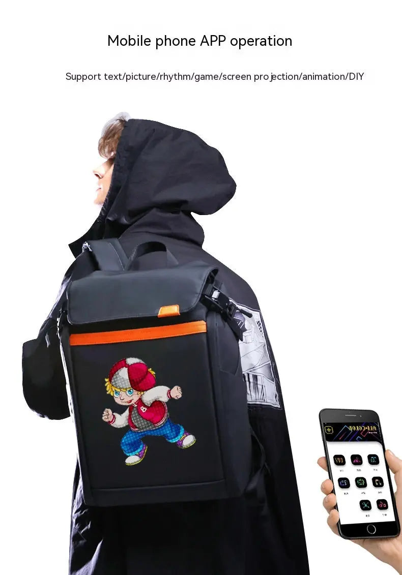 A person in a black hooded jacket carries the Dropshipman Bluetooth Projection Backpack, displaying a cartoon character on its digital screen. A hand operates the display via smartphone app. Text highlights the mobile app's features.