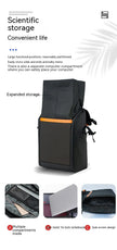 The Dropshipman Bluetooth Projection Backpack, shown upright and open, features black water-resistant fabric with an orange accent. Detailed images highlight its multiple compartments, side-access design, and 16-inch laptop fit—ideal for outdoor sports.