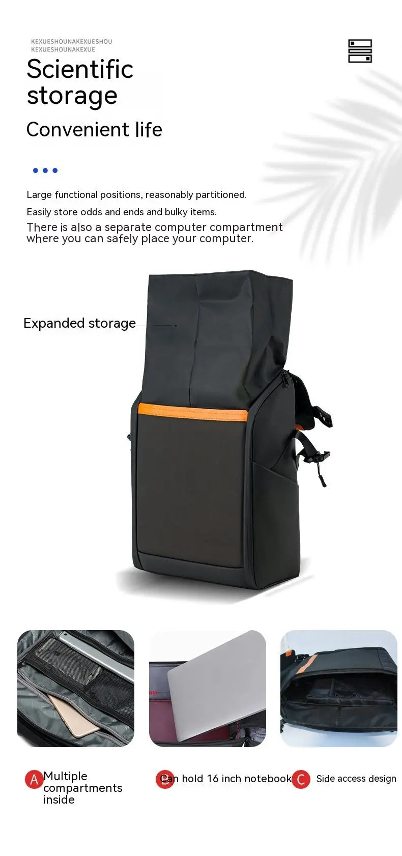 The Dropshipman Bluetooth Projection Backpack, shown upright and open, features black water-resistant fabric with an orange accent. Detailed images highlight its multiple compartments, side-access design, and 16-inch laptop fit—ideal for outdoor sports.