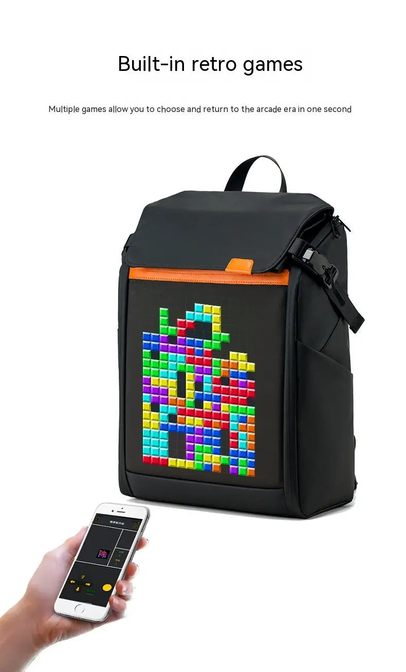 The Dropshipman Bluetooth Projection Backpack is a unisex, water-resistant sports bag with an LED screen displaying retro Tetris, controllable via smartphone. It features a top flap, side pockets, and Bluetooth for interactive fun anywhere.