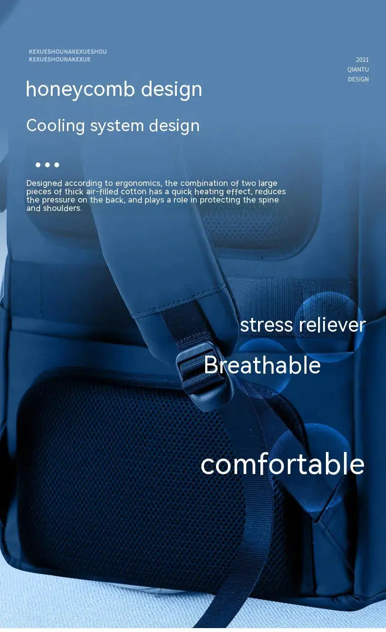 A close-up of Dropshipman's Bluetooth Projection Backpack, featuring ergonomic padding, mesh straps, honeycomb design, cooling system design, breathable fabric, stress reliever function, and comfortable fit.